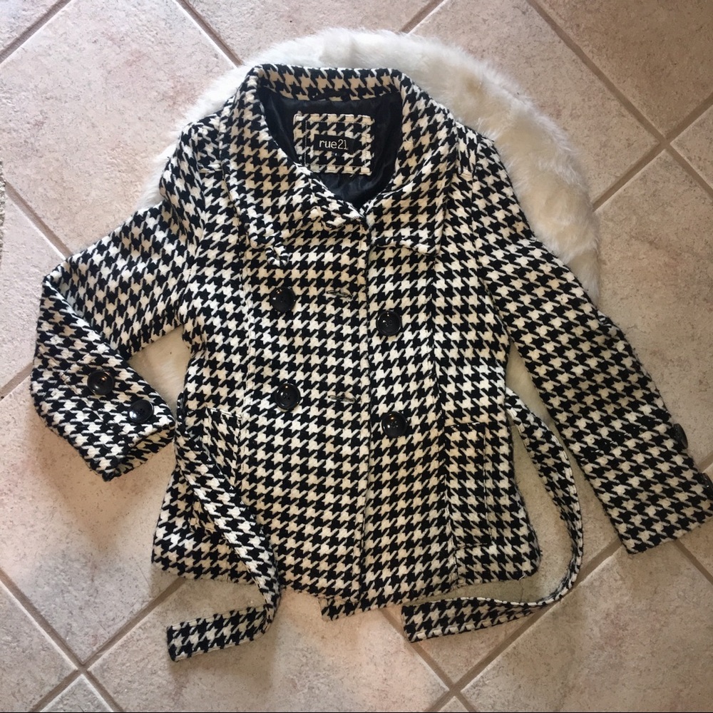 Black and white pattered pea coat